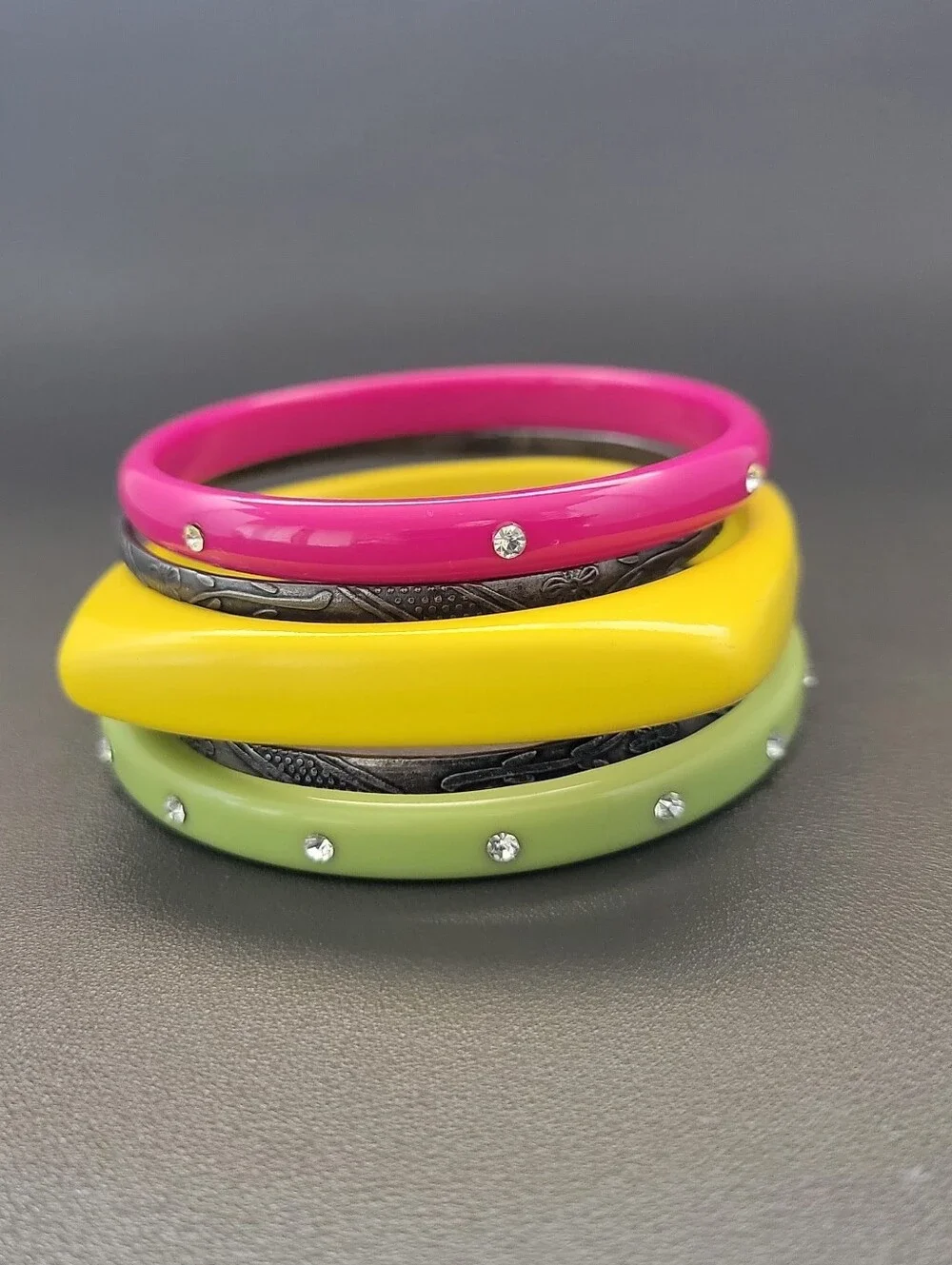 5 Pc Colorful Acrylic & Etched Metal Bangle Bracelet Stack Y2K Boho Retro